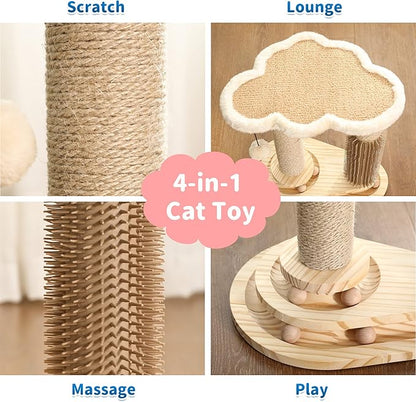 Made4Pets Cat Scratching Post, Cat Self Groomer for Indoor Cats, Cloud Soft Perch for Rest, 17.5" Tall Natural Sisal Scratcher Cat Grooming Interactive Ball Track Toys for Small Cats Kittens
