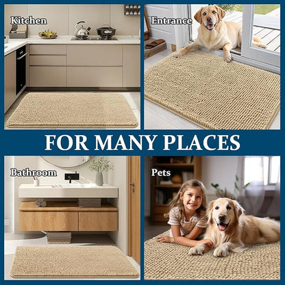 OLANLY Dog Door Mat Set 4-Piece 24x16, Absorbs Moisture and Dirt, Absorbent Non-Slip Washable Doormat, Quick Dry Chenille Mud Mat for Dogs, Entry Indoor Entryway Carpet for Inside Floor, Beige