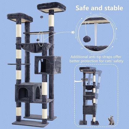 Hey-brother Tall Cat Tree Tower, Heavy Duty Scratching Posts with Large Platforms, Cozy Condos, Big Hammock, Toy Balls, Multi-Level Furniture for Indoor Adult Cats, 80.7 Inches, Smoky Gray MPJ039G