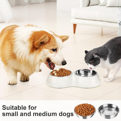 Stainless Steel Dog Bowls Set – Dual Non-Slip Pet Dishes with 2 Small (4oz*2) Bowls & Durable Resin Stand,Food & Water Feeder for Puppies, Kittens, and Small Breed Dogs– White