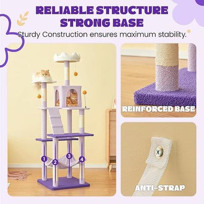MWPO Flower Large Cat Tree, 70.1-Inch Multi-Level Tall Cat Tower for Indoor Cats, Plush Cat Condo with Big Padded Perches, Sisal-Covered Scratching Posts, Hammock, Toys for Kittens & Cats