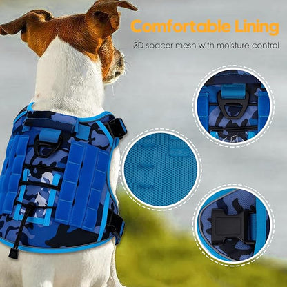 Heavy-Duty Tactical Dog Harness for Large Dogs, No Pull Adjustable Reflective Pet Vest with Molle System, K9 Military-Grade Control for Service Training, Outdoor & 10+ Breeds, Blue Camo, X-Large