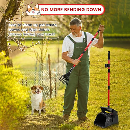 Pooper Scooper Swivel Bin and Rake with 60 Waste Bags, Heavy Duty Dog Poop Scooper for Large Medium Small Dogs, Long Stainless Steel Handle Use on Yard, Grass, Dirt or Gravel