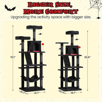 MWPO Gothic Large Cat Tree, 70.1-Inch Multi-Level Tall Cat Tower for Indoor Cats, Plush Cat Condo with Big Padded Perches, Sisal-Covered Scratching Posts, Hammock, Toys for Kittens & Cats, Black