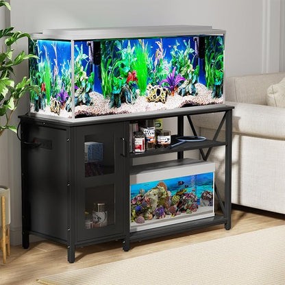 55-75 Gallon Fish Tank Stand , Aquarium Stand with Cabinet & Power Outlets for Fish Tank Accessories Storage, Heavy Duty Metal Terrarium Stand, 52" L*19" W Tabletop, 1200LBS Capacity, Black