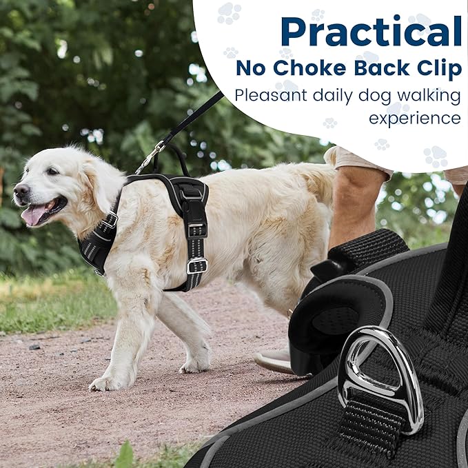 Funfox Dog Harness No Pull, Adjustable Pet Vest Harness, Super Soft Material with Vertical Handle Easy Control, Reflective Night Walking, 2 Leash Clips for Medium Sized Dogs, Black, M