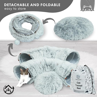 Large Cat Tunnel Bed for Indoor Cats Warm Fluffy Plush Cat Cave Tunnel Bed Collapsible, Washable, 3 Way and Multifunctional with Dangling Balls for Cats, Kittens and Rabbits- Gray