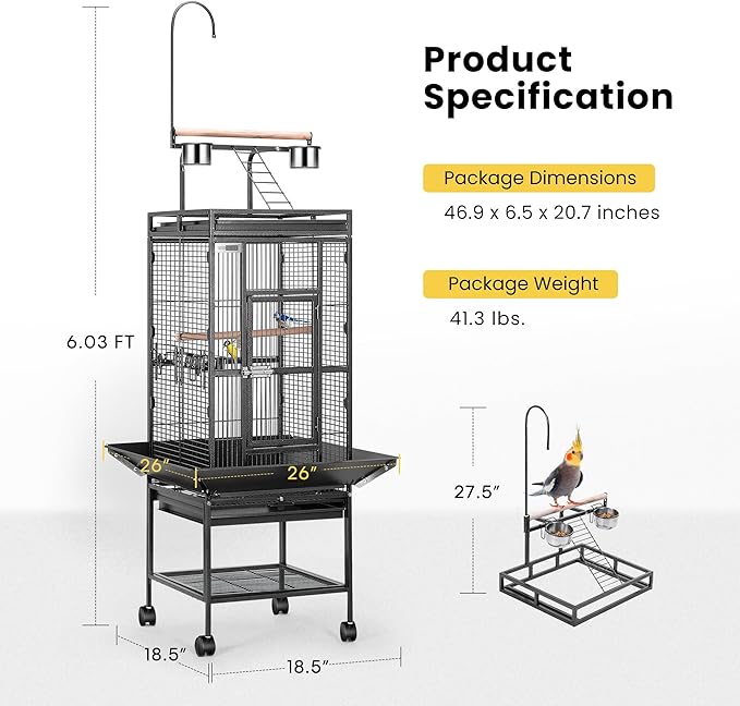VIVOHOME 72 Inch Wrought Iron Large Bird Cage with Play Top and Stand for Parrots Lovebird Cockatiel Parakeets Black