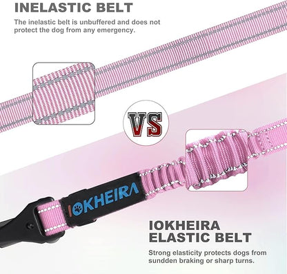 IOKHEIRA Dog Seat Belt 3-in-1 Car Harness for Dogs Adjustable Safety Seatbelt for Car Nylon Reflective Bungee Fabric Dog Car Harness with Clip Hook Latch & Buckle, Swivel Zinc Alloy Carabiner (Pink)