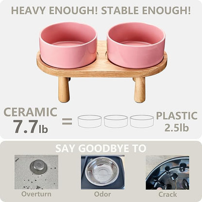 Ceramic Elevated Dog Bowls, Pet Food and Water Bowl Set for Large Dogs, 7.5 Cups Dog Bowls Raised with Wood Stand, 61OZ, Pink