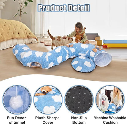 Cat Tunnel Bed, Cat Tunnels for Indoor Cats with Washable Circle Cushion, Multifunctional Peekaboo Cat Cave Donut Tubes Tunnel for Cat Kitty Kitten Puppy Rabbit Ferret (Sky Blue)