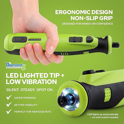 Diamondg Cordless Dog Nail Grinder with Quiet Sound & LED Tip for Large & Small Dogs, 4hrs. Runtime, 2 Bits Included, Green