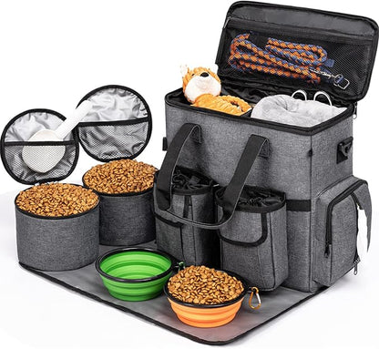 Modoker Dog Travel Bag Backpack, Airline Approved Pet Accessories Organizer for Dog and Cat with Shoulder Strap, 2 Dog Food Storage Containers, 2 Collapsible Dog Bowls,1 Pet Mat, Rose Red