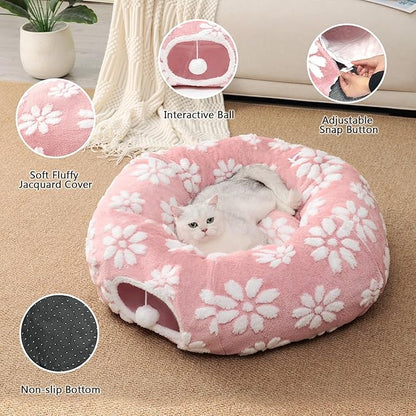 Cat Tunnel for Indoor Cats, Cute Peekaboo Cat Cave with Dangling Balls, Pet Donut Tunnel Bed with Circle Mat for Puppy Kitten Rabbit, Pink