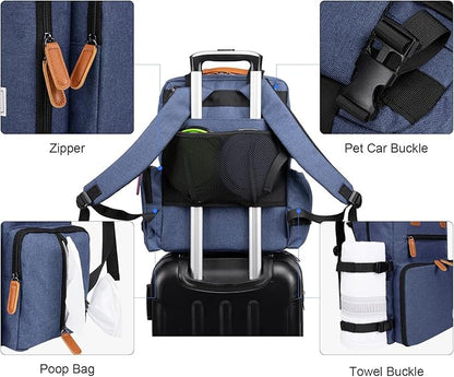 Modoker Dog Travel Bag - Airline Approved Backpack for Pet Accessories Organizer, Tote Weekend Bag with 2 Dog Food Containers, 2 Collapsible Bowls, 1 Pet Mat, Blue
