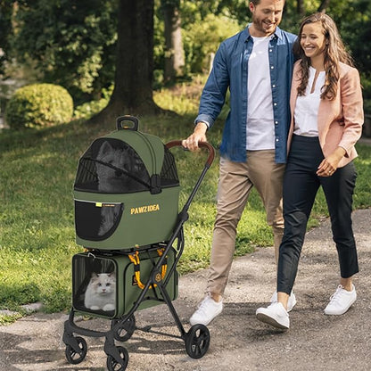 PAWZIDEA Double Pet Stroller with 2 Detachable Carriers, Portable Dog Crate for Car Travel & TSA-Approved Expandable Cat Carrier, Foldable Lightweight Jogger Stroller for 2–4 Cats or Small/Medium Dogs