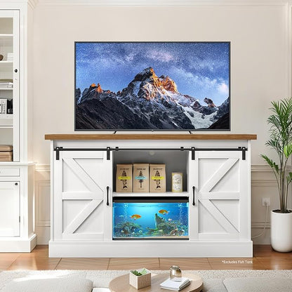 55-75 Gallon Fish Tank Stand with Sliding Barn Doors & Power Outlet, Heavy Duty Aquarium Stand with Cabinet Storage for Fish Tank, Turtle Tank, Reptile Terrarium, 1000LBS Capacity, White
