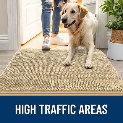 OLANLY Dog Door Mat Set 2-Piece 36x24, Absorbs Moisture and Dirt, Absorbent Non-Slip Washable Doormat, Quick Dry Chenille Mud Mat for Dogs, Entry Indoor Entryway Carpet for Inside Floor, Beige