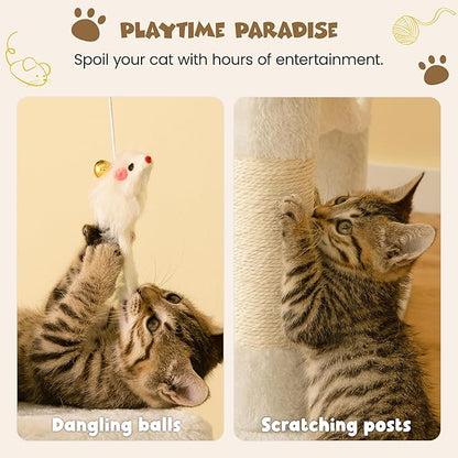 MWPO 63.8 inches Multi-Level Cat Tree for Large Cats with Sisal-Covered Scratching Posts, Padded Platform, Hammock and Condo,Stable Cat Tower Cat Condo Pet Play House-Beige