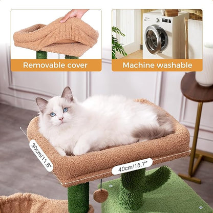 Cactus Cat Tree Small Cat Tower with 32 Inches Scratching Post with Cats Condo House, Cozy Hammock and Removable Top Bed and Dangling Ball for Indoor Cats-34” Green