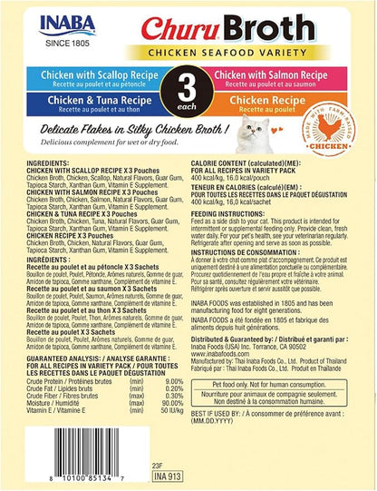 INABA Churu Broth for Cats, Creamy Broth with Shredded Chicken Side Dish Pouch, 1.4 Ounces per Pouch, 12 Pouches, Chicken & Seafood Variety (Pack of 2)