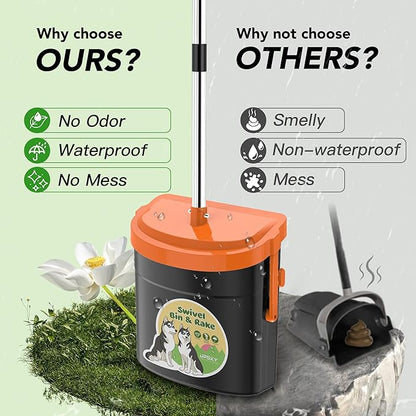 UPSKY Dog Pooper Scooper Swivel Bin & Rake Kit with 100 Waste Bags,33.4" Stainless Steel Long Handle Heavy Duty Pet Poop Shovel for Large Medium Small Dogs, Odor-Proof Lid for Yard/Lawn/Outdoor Use