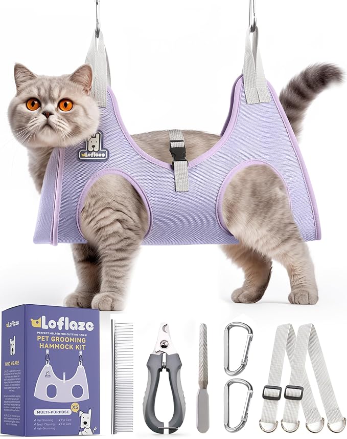 Dog Grooming Hammock Harness for Dogs & Cats with Pet Nail Clipper Trimmer - Cat Hanger Sling for Trimming Clipping Nails- Dog Hammock Restraint Bag for Small Medium Large pet （ Purple XS）
