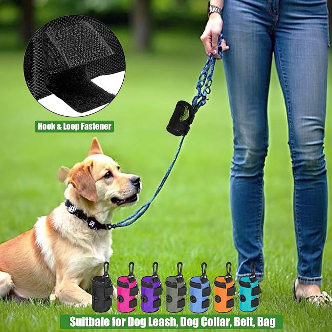 Dog Poop Bag Holder for Leash Attachment - Waste Bag Dispenser for Leash - Fits Any Dog Leash - Portable Set with Hand Free Holder Metal Carrier, Round Shape, Grey