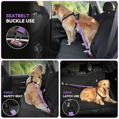 Pawaboo Dog Seatbelt for Car, 3-in-1 Dog Seat Belt Bungee, Shockproof Dogs Tether for Car with Buckle & Hook Latch, Adjustable Reflective Dogs Cars Harness Leash with 360° Lockable Buckle, Purple