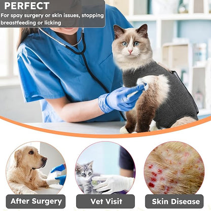 Cat Recovery Suit After Surgery, Breathable Cat Surgery Recovery Suit for Spay Abdominal Wounds or Skin Diseases, E-Collar Alternative Wear for Small Male Female Pets (Dark Grey, L)