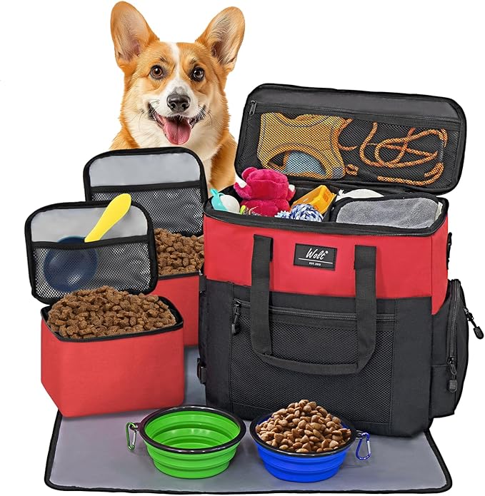 WOLT Dog Travel Bag Dog Bag for Traveling and Supplies with 2 Collapsible Bowls, 2 Food Containers, 1 Place Mat, Red