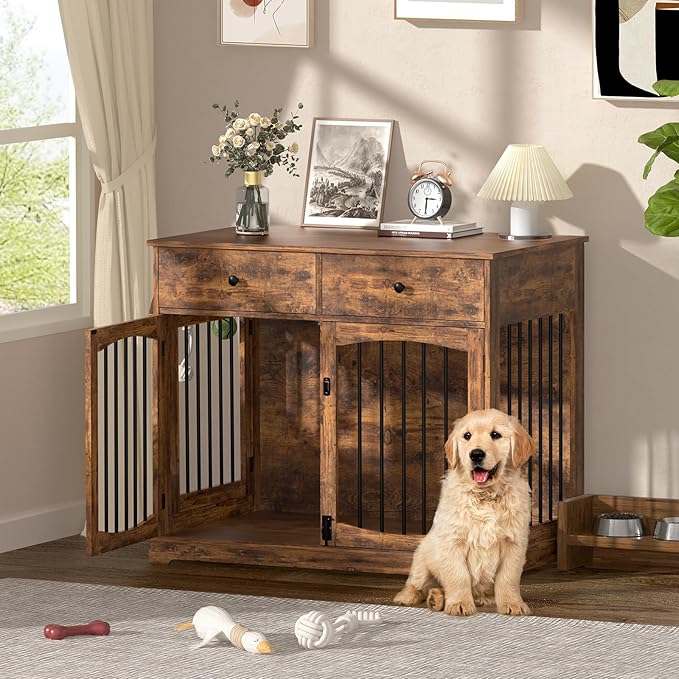40 Inch Furniture-Style Dog Crate-Multipurpose Wood Pet Crate Furniture with Double Doors,2 Drawers, Decorative Dog House Indoor for Smal/Medium Dogs, Brown Finish