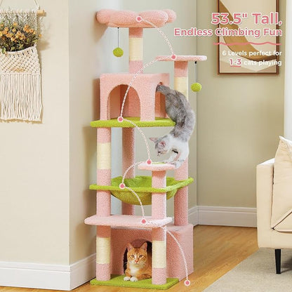 PAWZ Road Cat Tree, 53.5 Inches Tall Cat Tower with Spacious Hammocks, Condos and Scratching Posts, Cat House with Dual Padded Perches for Indoor Large Cats-Pink