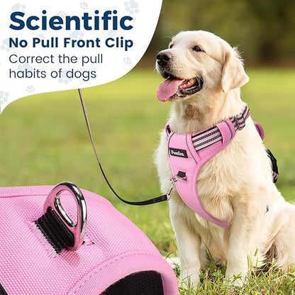 Funfox Dog Harness No Pull, Adjustable Pet Vest Harness, Super Soft Material with Vertical Handle Easy Control, Reflective Night Walking, 2 Leash Clips for XLarge Dogs, Pink, XL