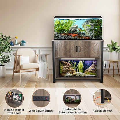 40 Gallon Aquarium Stand with Cabinet & Power Outlets, Heavy Duty Metal Stand for 40-50 Gallon Breeder & Turtle Tanks, Double Terrarium Stand, 660LBS Capacity, Grey
