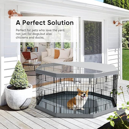 PJYuCien Dog Playpen, 8 Panels 30”H Dog Playpen Indoor with Grey Bottom Pad and Top Cover, Metal Foldable Dog Pen for Indoor Use, Better for Small Medium Animals, Grey