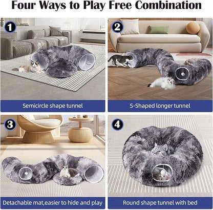 Odoland Cat Tunnels for Indoor Cats with Fluffy Plush Central Cat Couch and 20 Cat Toys, Tunnel Bed for Cats with Hanging Ball, Detachable Soft Mat and Variety Kitty Toy Set, Grey