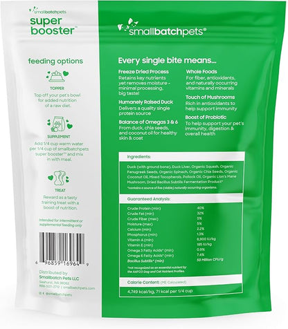 smallbatch Freeze Dried Dog Treats, Superfood Food Topper Duck Bites for Dogs & Cats, Probiotics, Organic Ingredients, High Protein, Grain Free Healthy Treat or Food Topper, Made in The USA, 7 oz Bag