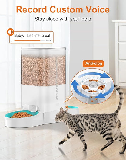 HoneyGuaridan 5L Automatic Cat Feeder for Two Cats, 2.4G WiFi Enabled Smart Feed Pet Feeder with Slow Feeder Bowl,APP Control Dispenser, Dual Power Supply,Desiccant Bag,10s Meal Call White