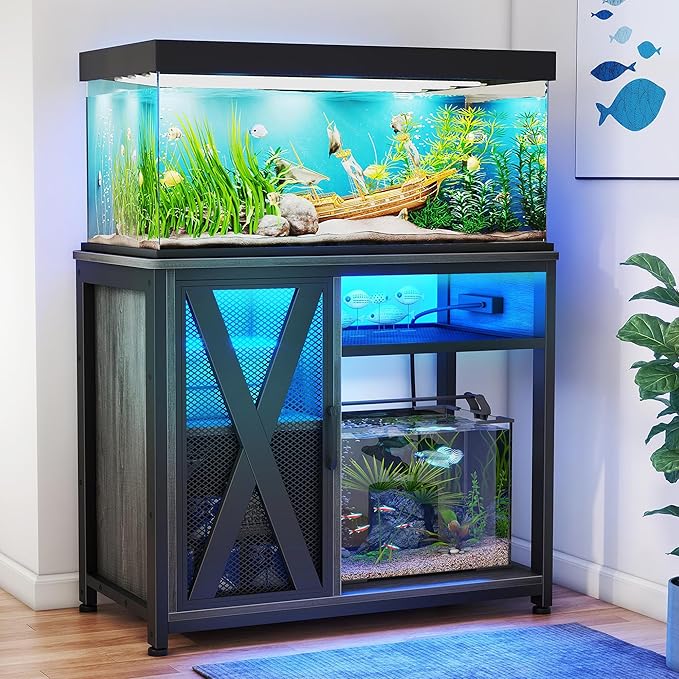 DWVO 40-50 Gallon Aquarium Stand with Power Outlets & LED Light, Cabinet for Fish Tank Accessories Storage - Metal Fish Tank Stand Suitable for Turtle, Reptile Terrarium, 660LBS Capacity, Grey