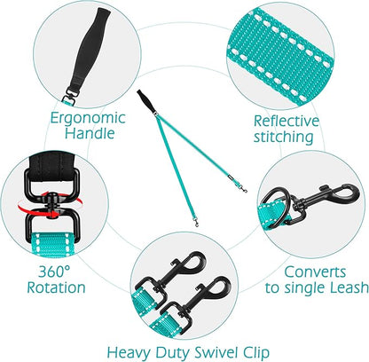 PetBonus Two Point Control Dog Leash, Works with No Pull Harnesses, No Tangle Dog Training Leashes, No Pull Padded and Reflective Walking Lead,Converts to Single Leash for Medium Large Dogs(Turquoise)