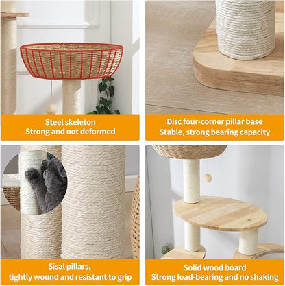 59" Big Modern Cat Tree Tower, Cat Tower Sisal-Covered Scratching Posts for Indoor Cats, Oak Wood Cat Tree for Large Cats, Multi-Level Cat Condo with Space Capsule Nest, Cat Furniture Activity Centre