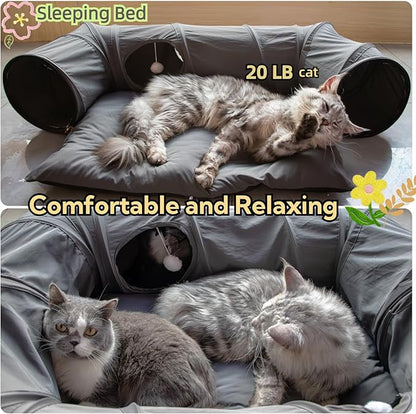 XxingSheep 4 Ways Shuttled XL Cat Tunnel Bed for Indoor Cats Peekaboo Cat Cave Donut with Cool Mat (Dark Gray)
