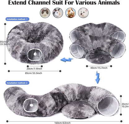 Odoland Cat Tunnels for Indoor Cats with Fluffy Plush Central Cat Couch and 20 Cat Toys, Tunnel Bed for Cats with Hanging Ball, Detachable Soft Mat and Variety Kitty Toy Set, Grey