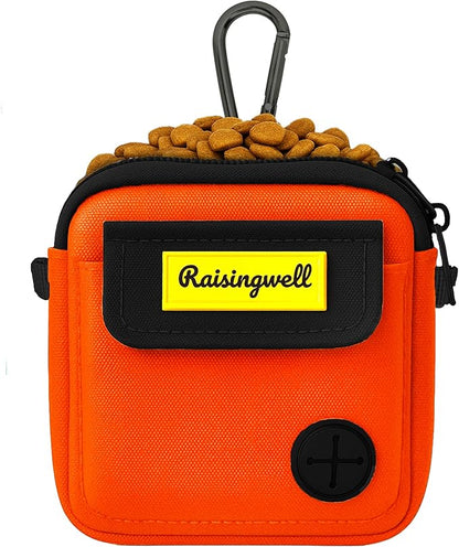 Dog Treat Pouch for Pet Walking and Training with Clicker Poop Bags, and Three Bags Design Small Fanny Zipper Pack Holder for Puppy Snack Dispenser Kit for Leash and Outdoor Use (Orange)