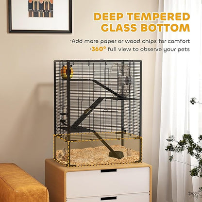 PawHut Large Hamster Cage with Deep Tempered Glass Bottom, 4 Tiers Hamster Tank with Running Wheel, Hut, Water Bottle, Dish, Rat Cage for Syrian, Dwarf, Gerbils, Mouse, 24" x 16" x 31.5", Black