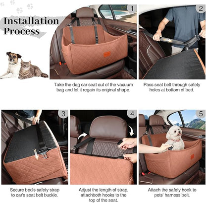 Dog Car Seat for Medium & Large Dogs Up to 55lbs, Memory Foam Cushion, Washable Cover, Safety Straps & Non-Slip Base (Brown, Large)