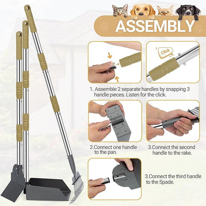 Heeyoo Dog Pooper Scooper, Dog Poop Tray and Rake Set, Pet Waste Removal Scoop with Long Adjustable Sectional Stainless Handles