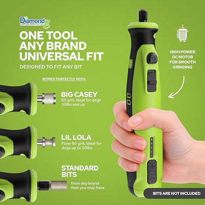 Diamondg Cordless Dog Nail Grinder with Quiet Sound & LED Tip for Large & Small Dogs, 4hrs. Runtime, 2 Bits Included, Green