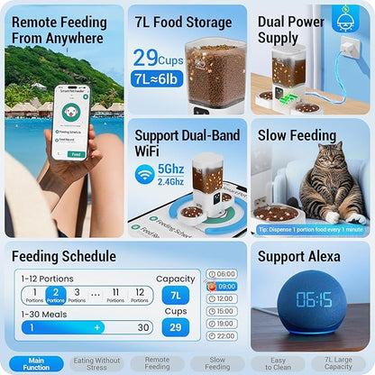 Automatic Cat Feeders 2 Cat with Slow Feed: Dual Automatic Dog Feeder with 5G WiFi, cat Food Dispenser with Alexa for Multiple Pets, Detachable for Easy Clean - 29 Cup（7L Large Capacity）